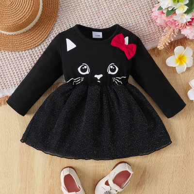 Baby Girl Solid Color Cat Pattern Bow-knot Decor Long Sleeve Dress
