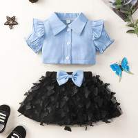 Toddler Girl Sweet Solid Color Ruffle Butterfly Sleeve Shirt & Bowknot Decor Skirt  Black