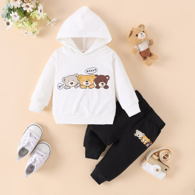 Spring and Autumn Style Hooded Cute Bear Baby Head Printed Long Sleeve Top Plus Pants Infant Boys Fashion Two-piece Suit