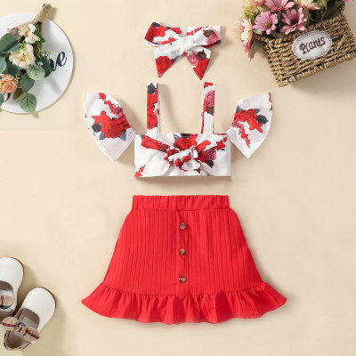 Toddler Girl Sweet Floral Ruffle Tank Top & Skirt & Hair Band
