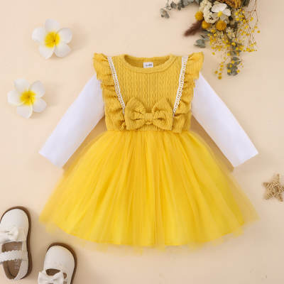 Toddler Bowknot Decor Long Sleeve Dress