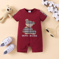 Summer round collar checkered bear contrast color jumpsuit short sleeve baby boxer romper  Burgundy