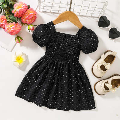Baby Girl Solid Color Polka Dotted Square Neck Short Puff Sleeve Dress