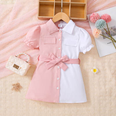 Vestido de camisa de manga curta com blocos de cores para meninas pequenas