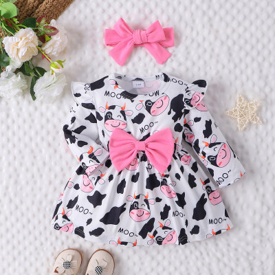 Spring and Autumn New Style Round Neck Long Sleeve Bow Knot Infant Girls Fashionable Dress
