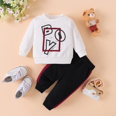 Spring and Autumn Round Neck Letter Printed Long Sleeve Top with Spliced Trousers Infant and Toddler Boy Fashion Two-piece Suit