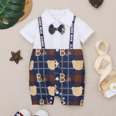 Baby Boy Cute Bear Letter Plaid Pattern Short-sleeve Romper