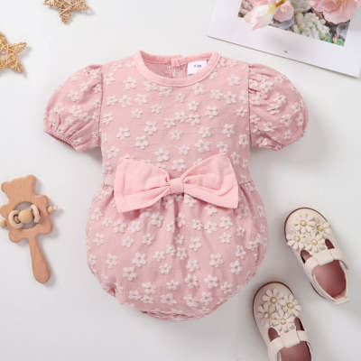Baby Sweet Floral Applique Bow knot Decor Puff Sleeve Triangle Romper