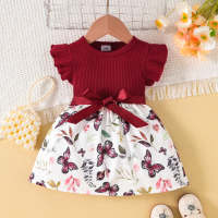 Summer new style round neck flying sleeve pit strip fabric butterfly print splicing plus webbing belt infant fashion dress for girls  Burgundy
