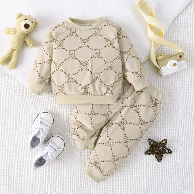 New autumn round neck long-sleeved tops and long pants for infants and young boys, fashionable and handsome two-piece suits