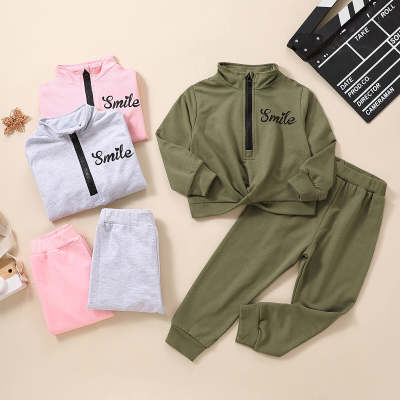 Toddler Solid Color Letter Printed Stand Collar Sweater & Pants