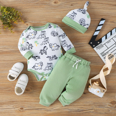 Baby Boy 3 Pieces Animal Dinosaur Fish Graphics Romper & Solid Color Pants & Hat for Autumn