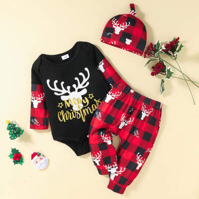 2-piece Baby Christmas Color-block Letter Pattern Long Sleeve Romper & Plaid Pants & Hat