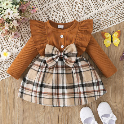 Baby Girl Plaid Pattern Color-block Bow-knot Ruffle Decor Long Sleeve Dress