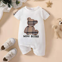 Summer round collar checkered bear contrast color jumpsuit short sleeve baby boxer romper  White