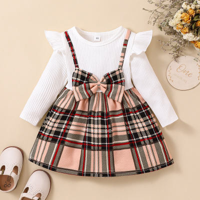 Toddler Solid Color Plaid Bowknot Decor 2 In 1 Overalls Skirt