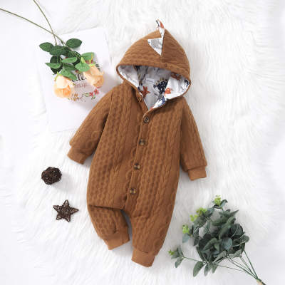 Baby Boy Solid Color Dinosaur Style Button Front Hooded Long-sleeved Long-leg Romper