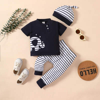 Baby Boy 3 Pieces Elephant Pattern T-shirt & Stripes Pants & Hat