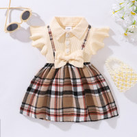 Baby girl button up lapel waisted dress with checkered pattern  Apricot