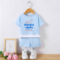 Girls Summer Casual Round Neck Shorts Set Fashionable Printed Korean Style Loose-fitting Children's Two-piece Set  Sky Blue