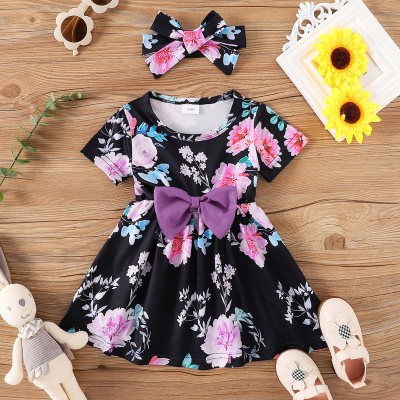 Baby Girl Summer new round-neck short-sleeved all-over printed and headband fashionable dress