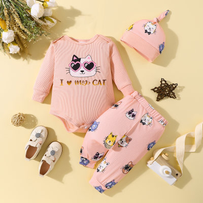Baby Girl Solid Color Cat Letter Pattern Bodysuit & Pants & Hat