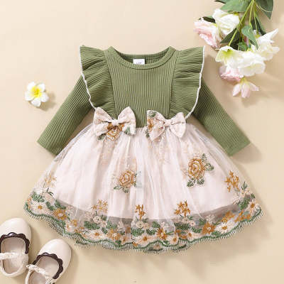 Baby Floral Patchwork Bowknot Decor Ruffled Sleeve Dress