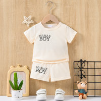 Summer new style round neck letter printed top and shorts infant and toddler boy fashion two-piece suit  Creamy white