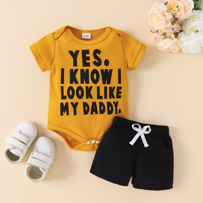 Baby and baby set waffle shoulder collar short-sleeved patchwork embroidered triangle hoodie + shorts two-piece set