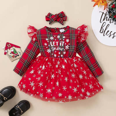 2-piece Baby Girl Christmas Plaid Letter Printed Allover Star Decor Mesh Patchwork Long Fly Sleeve Dress & Plaid Bowknot Headwrap
