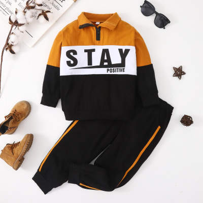 Kid Letter Printed Color Block Polo Sweater & Stripes Sweatpants