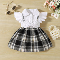 Baby girl open button lapel belted dress pitted checkered  Black