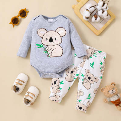 Pelele y pantalones de manga larga con aplicación de koala de color liso para bebé niño de 2 piezas