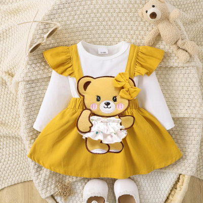 Baby Girl Color-block Bear Pattern Bow-knot Decor Long Sleeve Dress