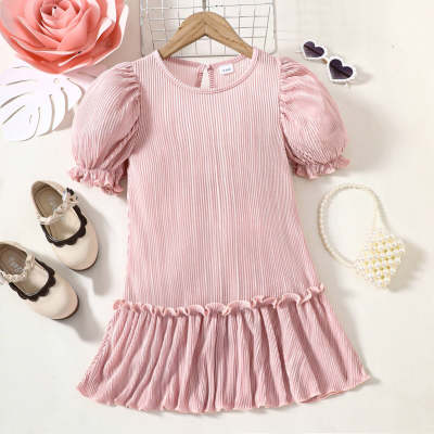 Toddler Girl Solid Color Short Sleeve Pleated Dress