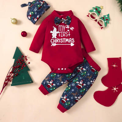 2 pezzi Baby Boy Christmas Letter Pattern Bowtie Decor Pagliaccetto a maniche lunghe e pantaloni e cappello