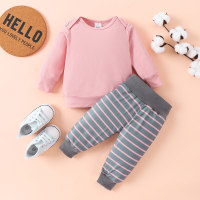 Baby Girl 2 Pieces Solid Color Sweater & Horizontal Stripes Pants  Pink