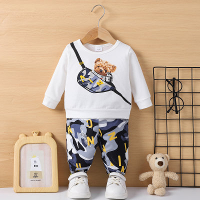 Baby Boy 2 pezzi interessante maglione con stampa borsa a forma di orso e pantaloni mimetici per l'autunno inverno