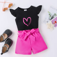 Summer new round-neck short-sleeved peach heart print top and shorts fashionable two-piece suit for infants and young girls  Black