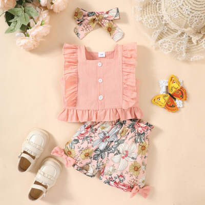2-piece Baby Girl Ruffled Patchwork Sleeveless Top & Floral Bowknot Decor Shorts & Headwrap