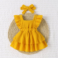 Vestido infantil feminino com decote quadrado e babados  Amarelo
