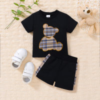 Summer baby boy cartoon round neck pullover shorts two-piece handsome 1-year-old baby clothes short-sleeved suit  Black
