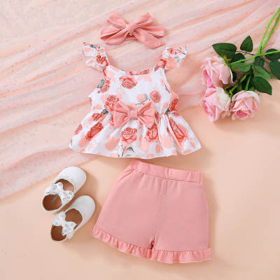 3-piece Baby Girl Allover Floral Printed Bowknot Decor Sleeveless Blouse & Solid Color Shorts & Headwrap