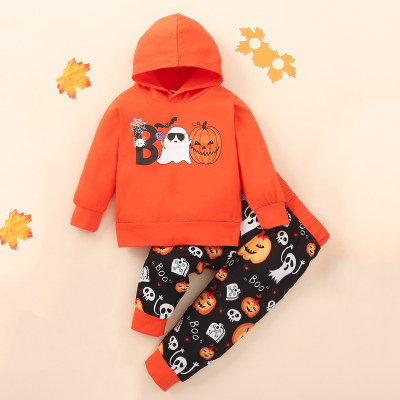 Sudadera con capucha y pantalones a juego con estampado de calabaza estilo Halloween para niño pequeño de 2 piezas