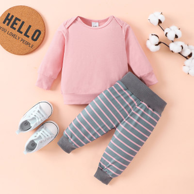 Baby Girl 2 Pieces Solid Color Sweater & Horizontal Stripes Pants