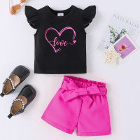 Summer new round-neck short-sleeved peach heart print top and shorts fashionable two-piece suit for infants and young girls  Rose red