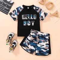 2-piece Toddler Boy Camouflage Pattern Letter Printed Short Sleeve T-shirt & Matching Shorts  Black