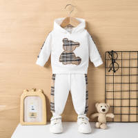 Baby Boy 2 Pieces Plaid Applique Cute Bear Pattern Hooded Sweater & Pants for Autumn  White