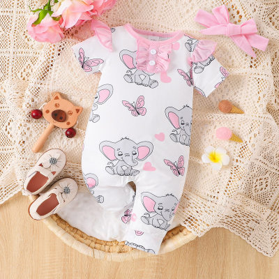 Novo estilo de verão em torno do pescoço manga curta ombro voador bebê elefante rosa impresso curto crawler terno para bebês e meninas