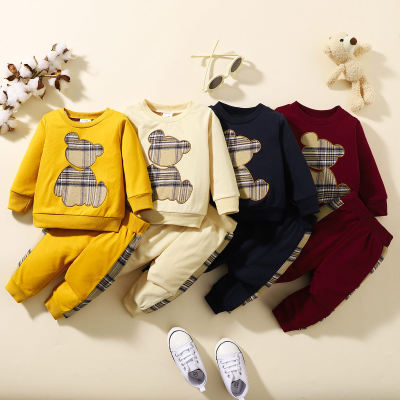 Patchwork plaid casual suit with bear applique embroidery